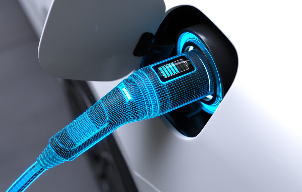 EV Charging Station, Clean energy filling technology, Electric car charging. 3D illustration
